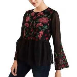 American Eagle Outfitters Black Swiss Dot Floral Embroidered Peplum Top